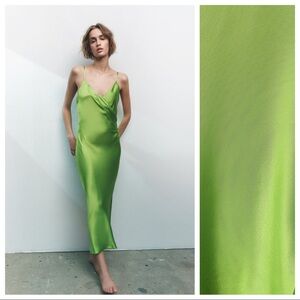 NWOT. Zara Green Draped Lingerie-Style Flowy Mini Dress. Size L.